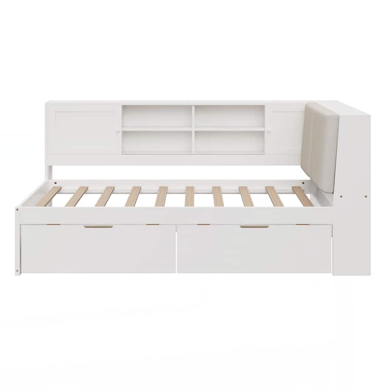 Wooden Twin Size L-shaped Daybed Corner Bed Under-bed Drawers with Storage Bookcase and Upholstered Headboard