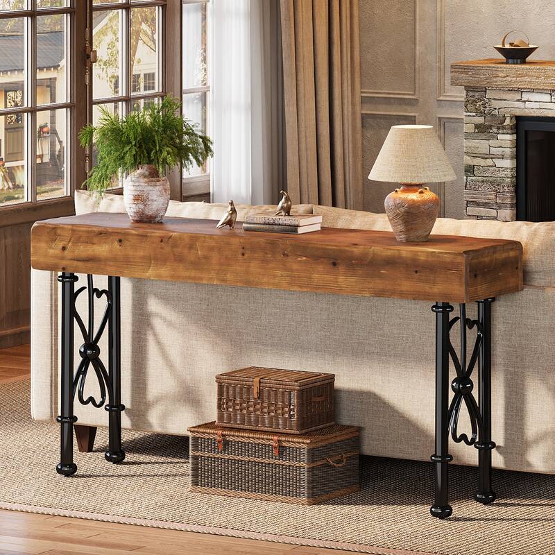55" Farmhouse Console Table with Solid Wood Tabletop for Entryway