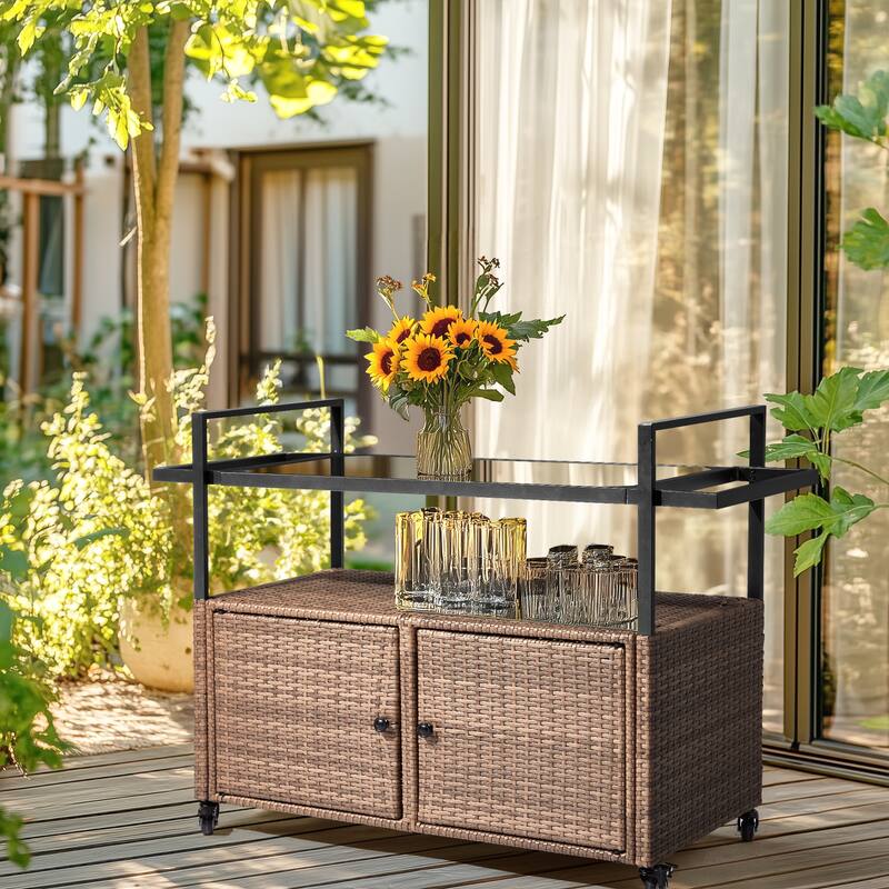 Outdoor Wicker Bar Cart Table with Storage and Wheels - 51.2" x 19.7" x 35.4"