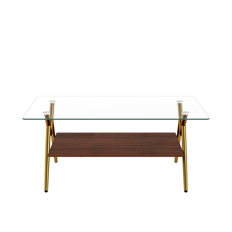 Rectangle Coffee Table with Tempered Glass Top and Shelf