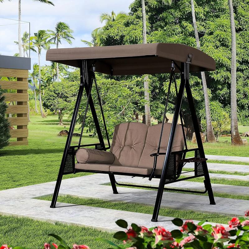 PURPLE LEAF Outdoor Patio Porch Swing with Canopy and Side Tables