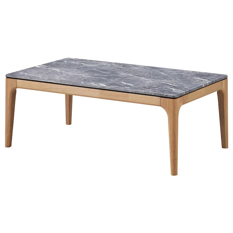 Aris Coffee Table, 47 Inch Gray Faux Marble, Rectangular Brown Wood