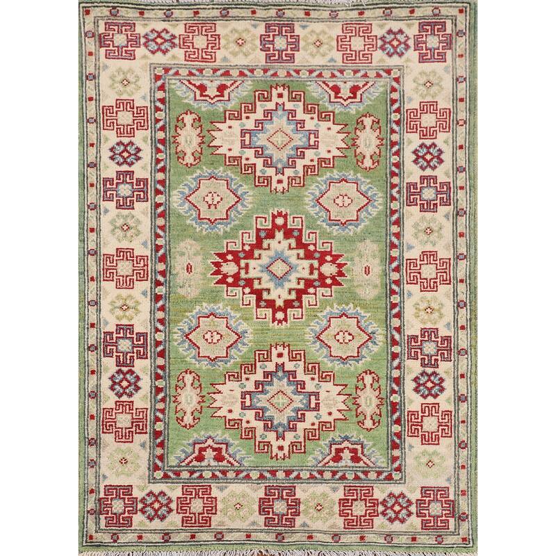 Light Green Geometric Kazak Oriental Accent Rug Handmade Wool Carpet - 2'7" x 3'10"