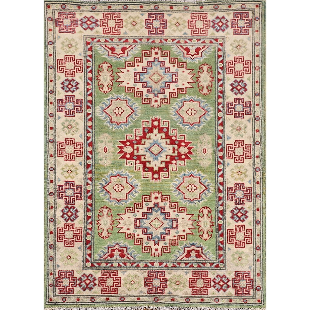 Light Green Geometric Kazak Oriental Accent Rug Handmade Wool Carpet - 2'7" x 3'10"