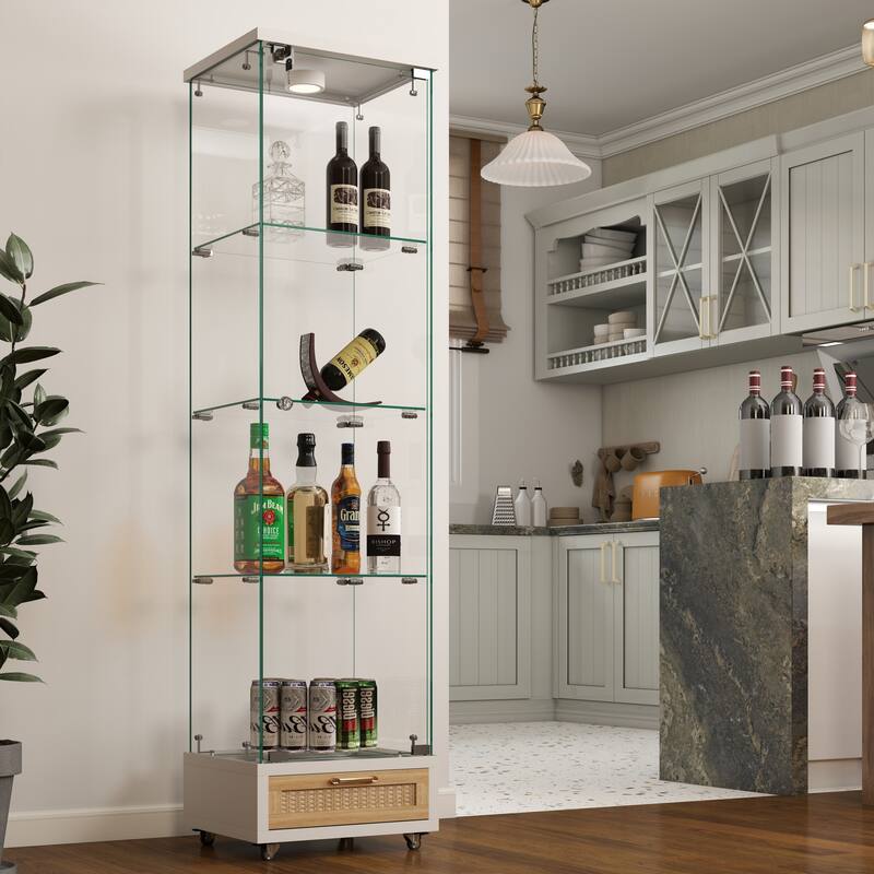 Glass Display Cabinet With Drawer,Cabinet With Led Lights,Tempered Glass Bookshelf, 1-Door Storage Case With 4 Shelves