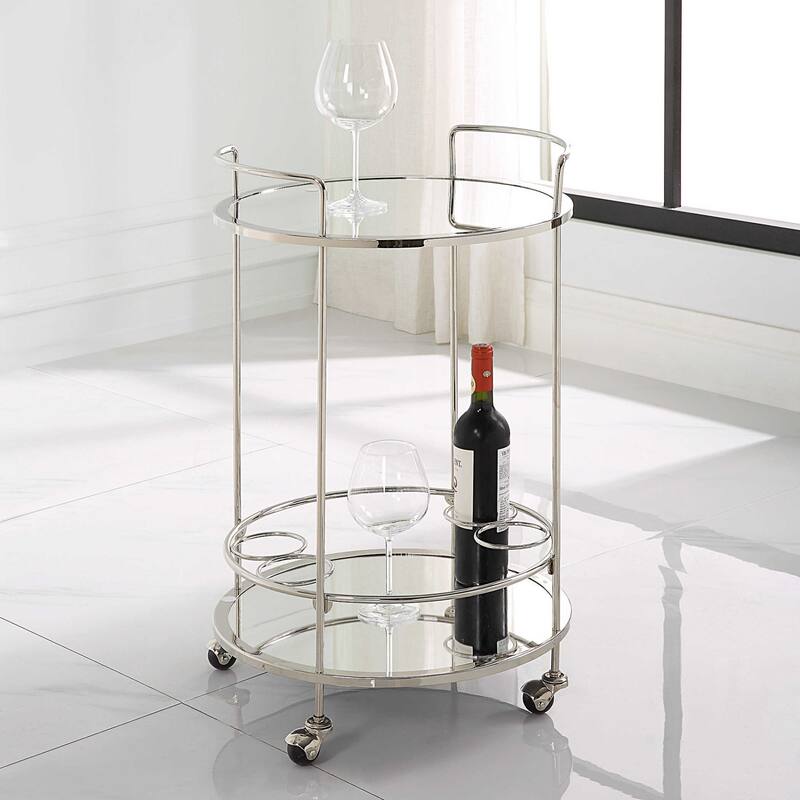 Two Tier Round Glass Top Rolling Bar Cart - 28.75" - Chrome