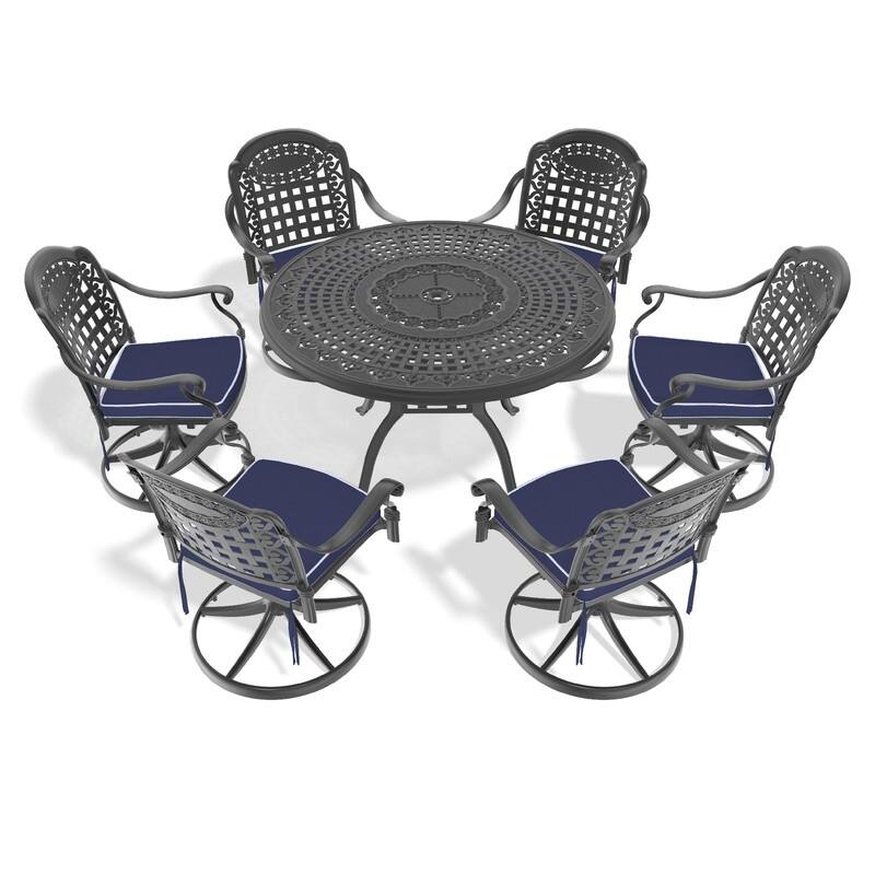 7-Piece Aluminum Round Outdoor Patio Dining Set, 6 Cushioned Swivel Chairs, Table, All-Weather Frames