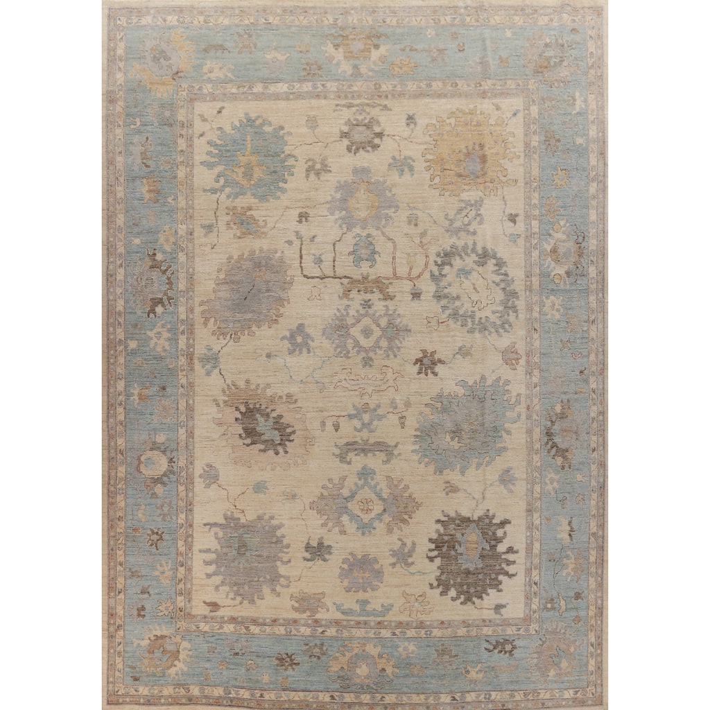 Hand Knotted Oriental 100% Wool Carpet Transitional All-Over Beige & Ivories Oushak Area Rug - 14' 5'' X 12' 1''