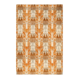 Overton One-of-a-Kind Hand-Knotted Contemporary Ikat Modern Light Gray Area Rug - 6' 0" x 9' 1"