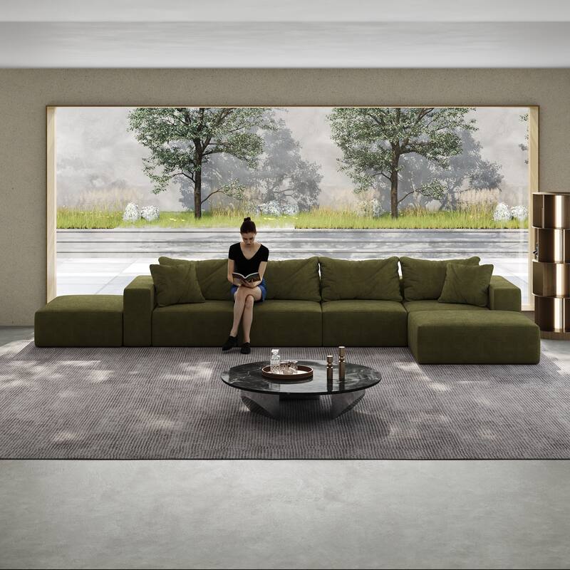 Floor Upholstered Sectional Sofa Modular L Shaped Couch Set with 6 Pillows and Ottomans, Living Room Sleeper Sofa Bed