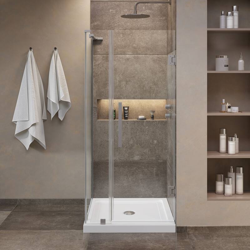 OVE Decors Panama Corner Frameless Pivot Hinge Shower Door Kit with Base Pan, 2025