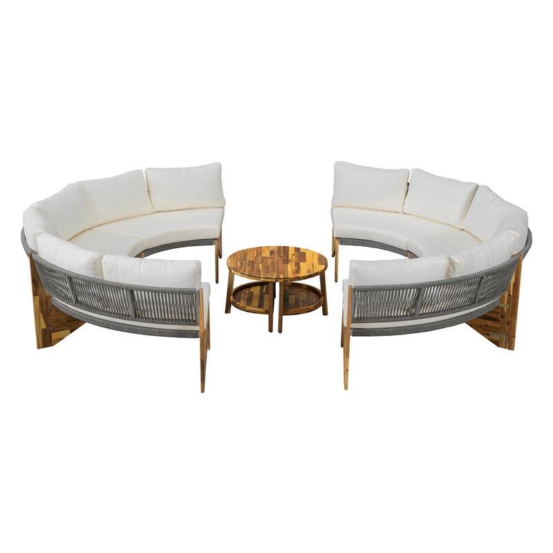 12-Seater Outdoor Acacia Wood Round Sectional Sofa Set with Coffee Table