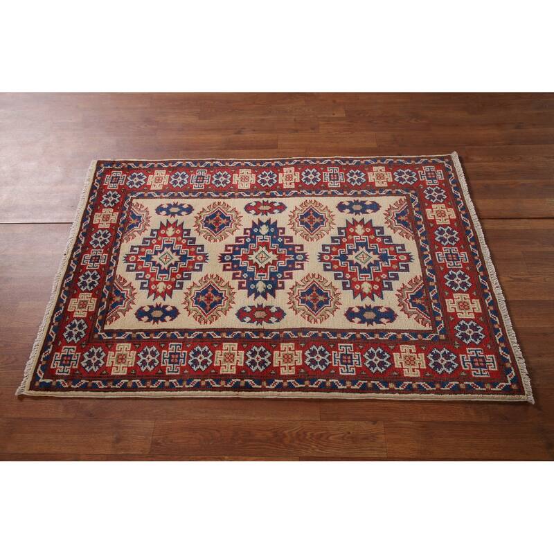 Geometric Kazak Accent Rug Handmade Oriental Wool Carpet - 2'9" x 4'1"