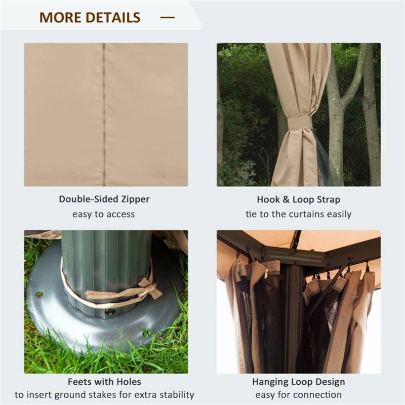 Khaki Aluminum Steel Polyester Outdoor Gazebo Tent with Mesh and Curtains