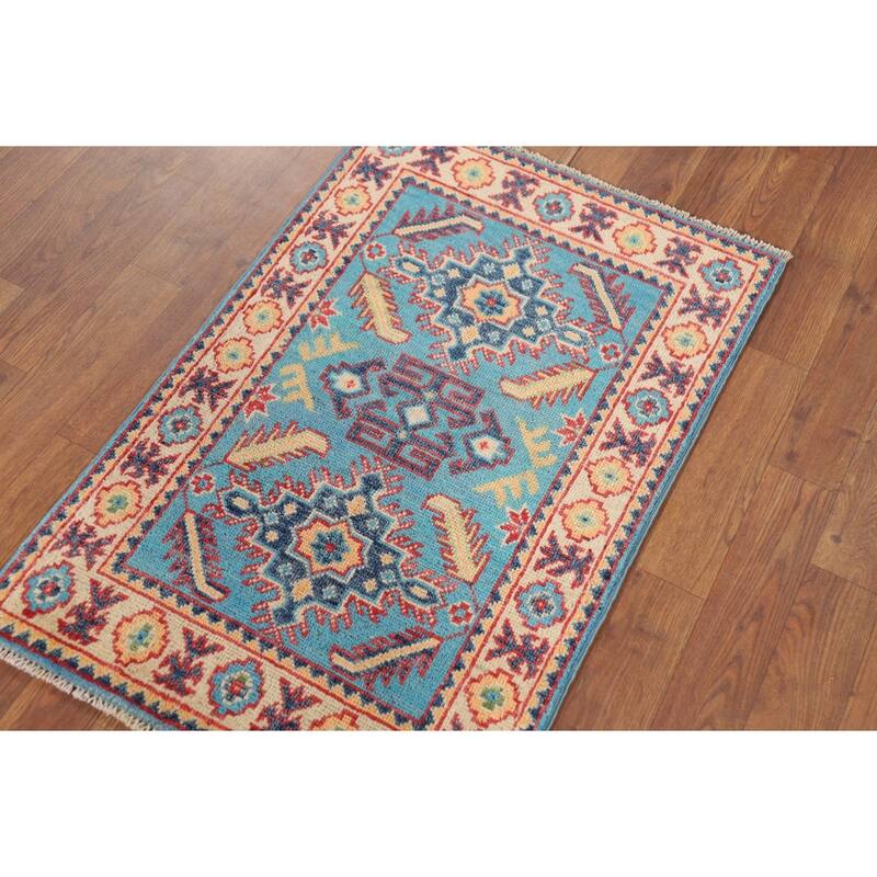 Hand Knotted Oriental 100% Wool Carpet Traditional Geometric Navy Blue & Blues Kazak Area Rug - 3' 0'' X 2' 0''