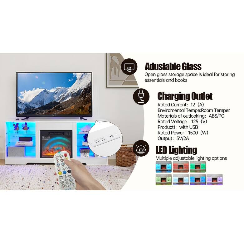 Modern TV Stand with 3D Fireplace and LED Lights, Entertainment Center Console Table with 2 USB Ports for TVs up to 58"