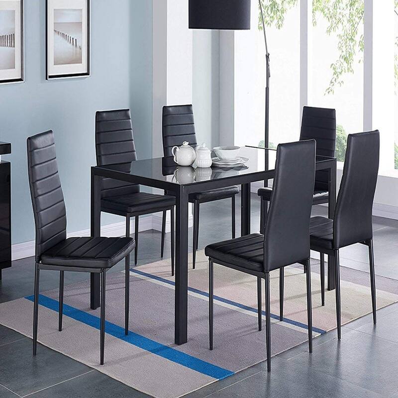 7 Piece Kitchen Room Furni Glass Top Dining Table Set - Dining Set