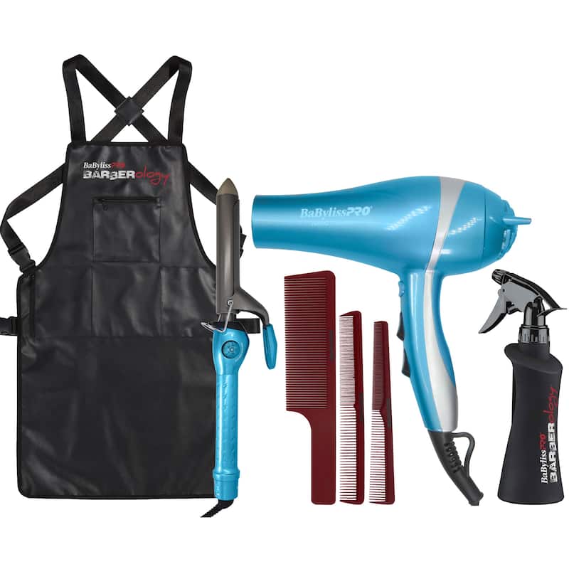 BaByliss Pro LIMITED EDITION Ionic Dryer & 1" Spring Curling Iron Combo BNTPP68 + Barber Apron + Comb Set + 10oz Spray Bottle - Blue