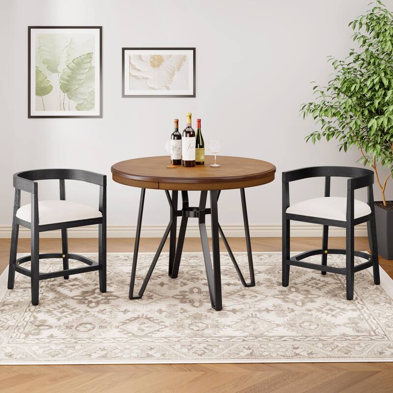 Christopher Knight Home - Riley Mid-Century Modern Round Bar Table and Rubberwood Counter Stools Set - Beige+Black+Light Ash