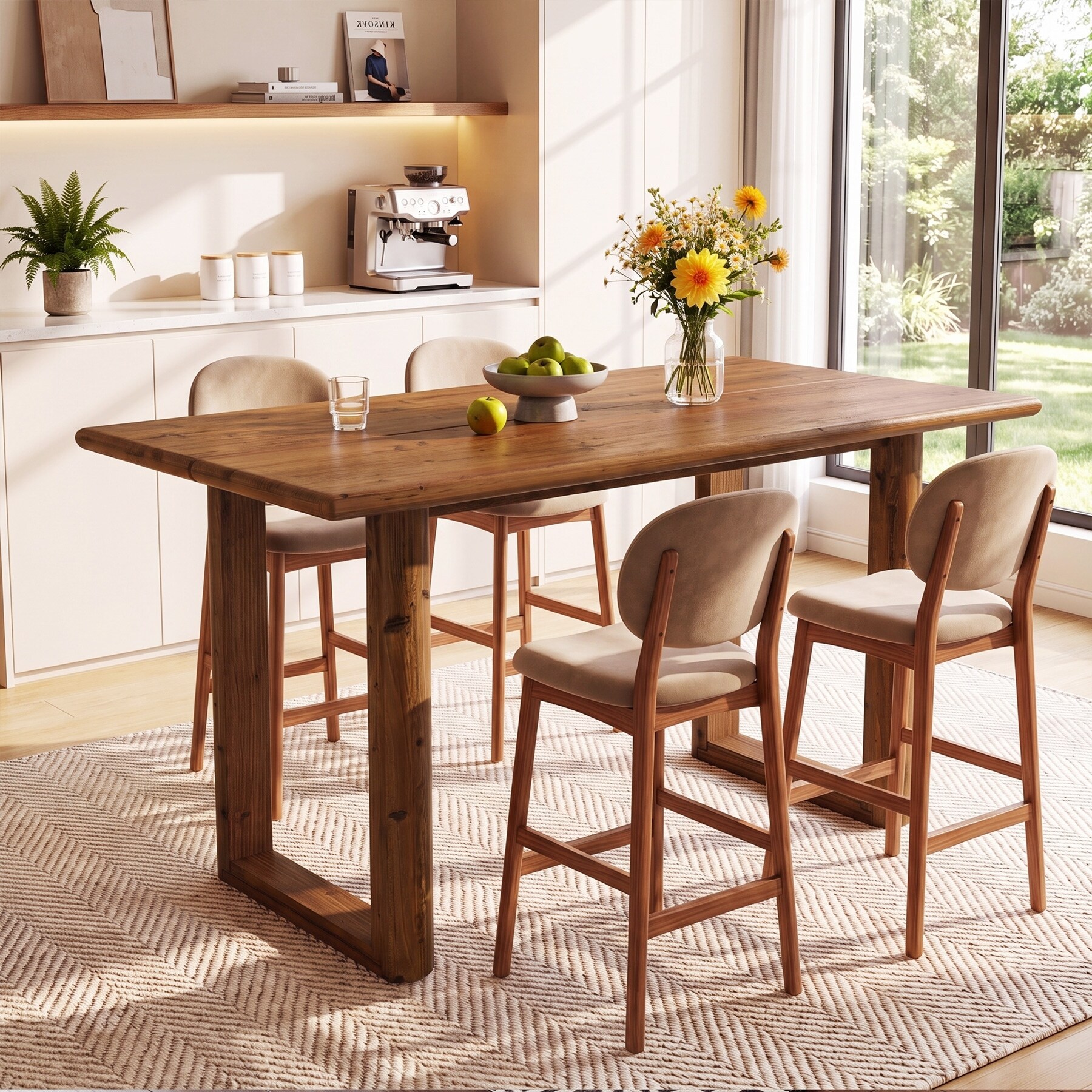63 Inch Rustic Solid Wood Rectangular Dining Table with U-Shape Legs