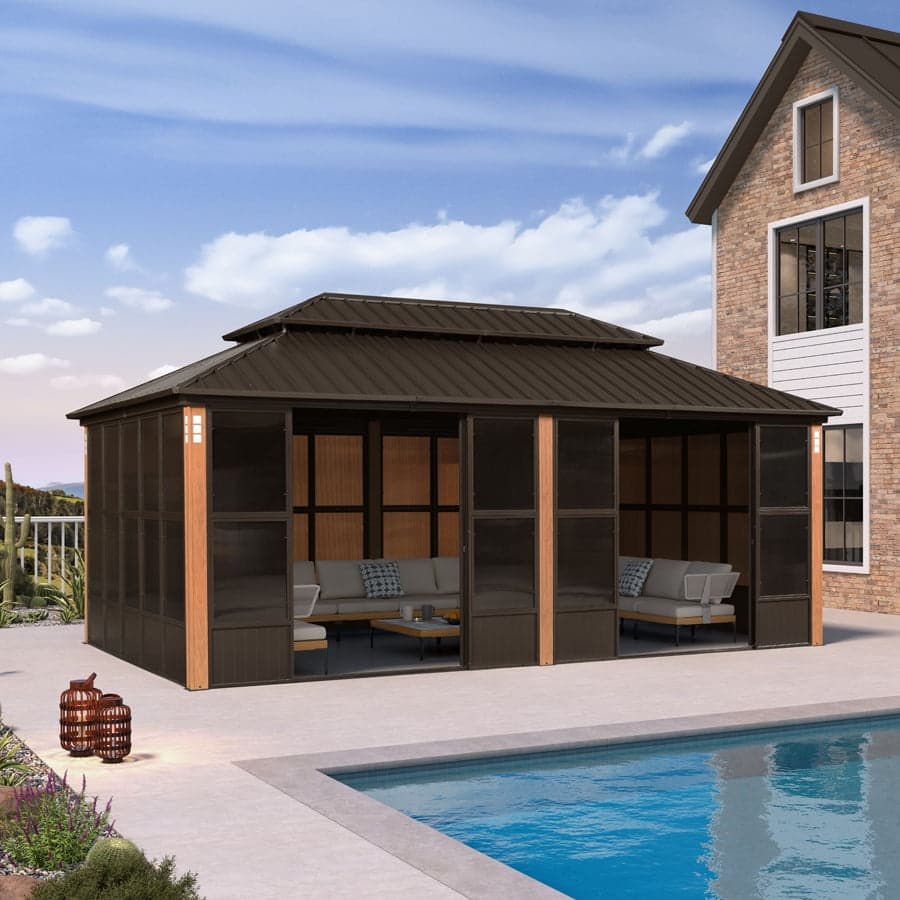 PURPLE LEAF Bronze Sunroom Double Top Outdoor All-Weather Screen House Patio Hardtop Gazebo