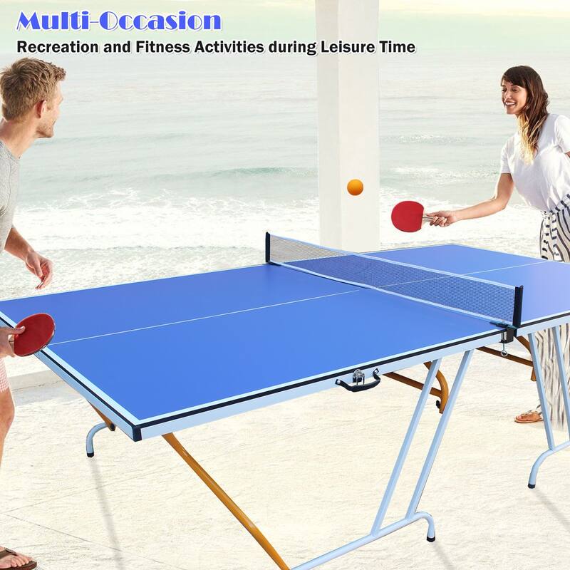 Roomfitters 9ft Mid-Size Table Tennis Table, Foldable & Portable, Includes Net, 2 Paddles and 3 Balls, Indoor Ping Pong, Blue