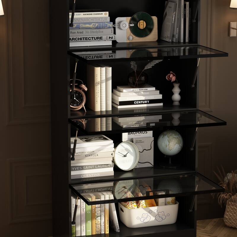 Modern Bookshelf with Adjustable Lighting Strips and Four Handles