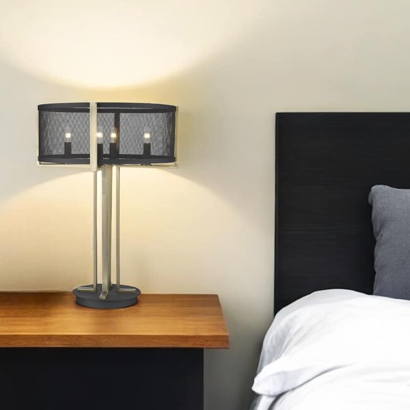 Brass Metal Geometric Table Lamp with Black Drum Shade and 4 Lights - 18” x 18” x 25” - Black-Brass