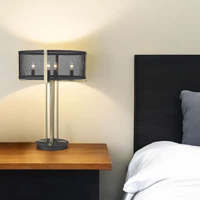 Brass Metal Geometric Table Lamp with Black Drum Shade and 4 Lights - 18” x 18” x 25”