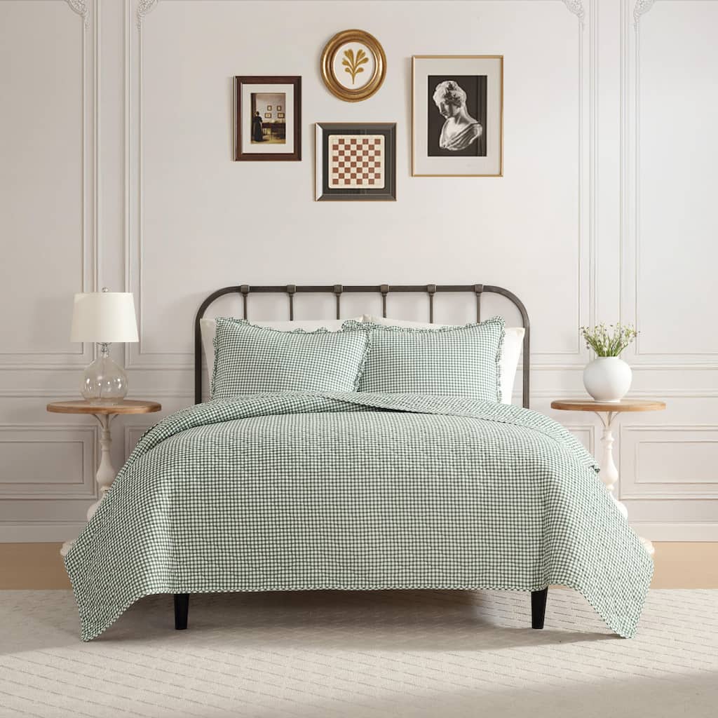 Laura Ashley Gracies Gingham Cotton Reversible Green Quilt Set