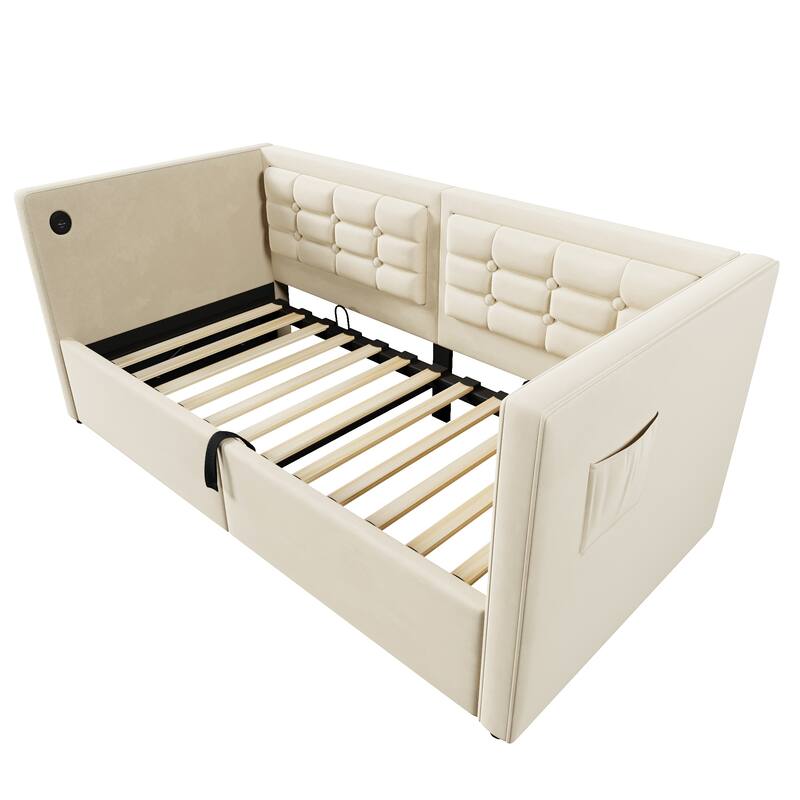 Velvet Tufted Upholstered Daybed Hydraulic Storage Twin Bed Frame with USB & Type-C Charging, Side Pockets and Wooden Slats