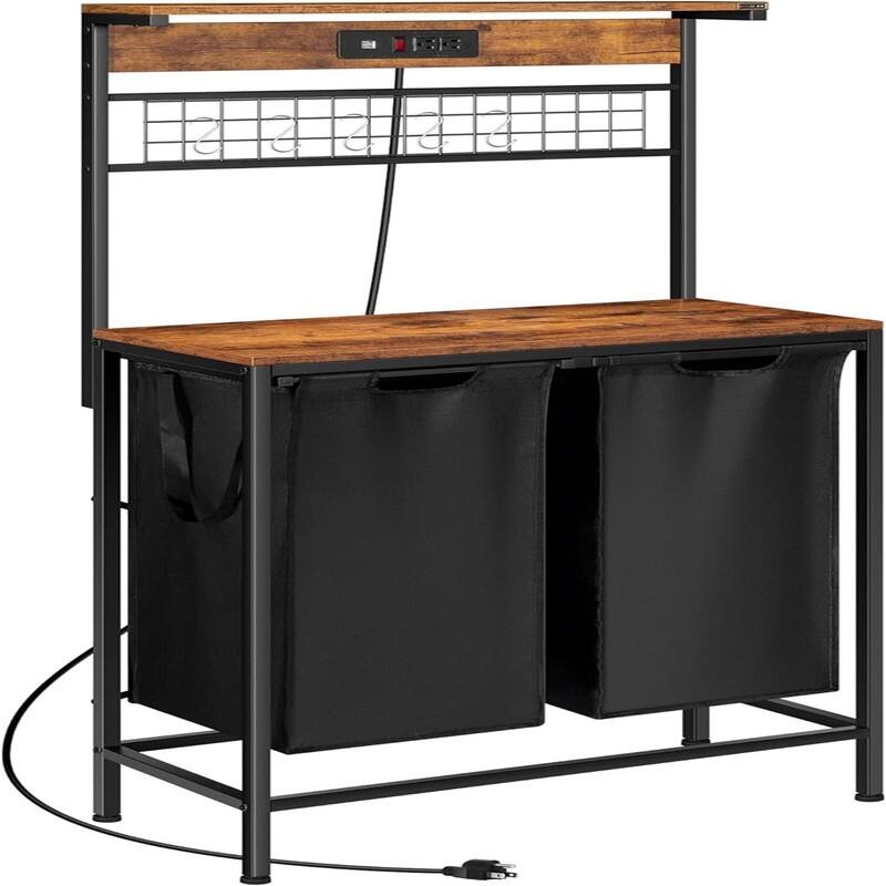 Laundry Hamper with Power Outlet - 28.7"L x 13"W x 61.2"H - 28.7"L x 13"W x 61.2"H - Rustic Brown, Black