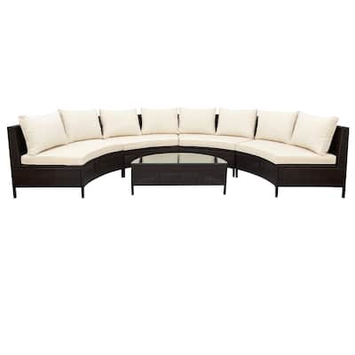 5 Piece All Weather PE Rattan Conversation Furniture Set Outdoor Half Moon Patio Sectional Sofa Set with Tempered Glass Table