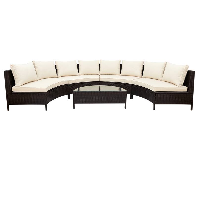 5-Piece Outdoor PE Rattan Sectional Sofa Set with Half-Moon Tempered Glass Table and Cushions