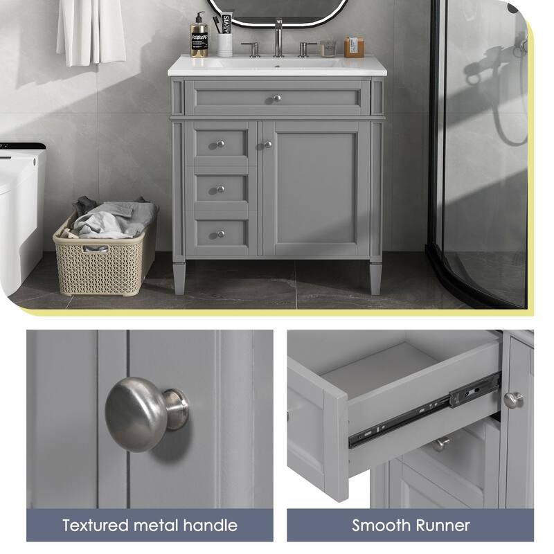 Modern 30" Bathroom Vanity with Ceramic Sink, 2 Drawers & Tip-Out Drawer for Bathroom Storage