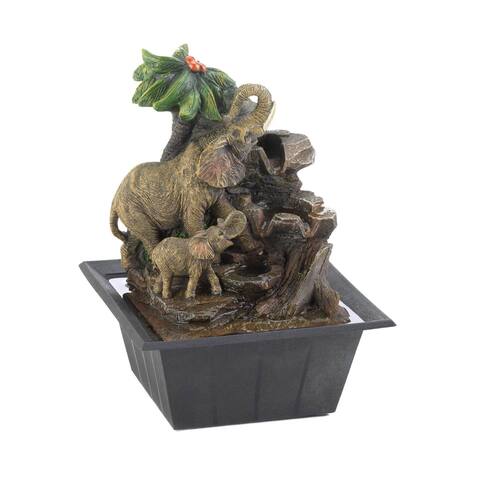 10" Black and Brown Elephant Family Lighted Tabletop Fountain