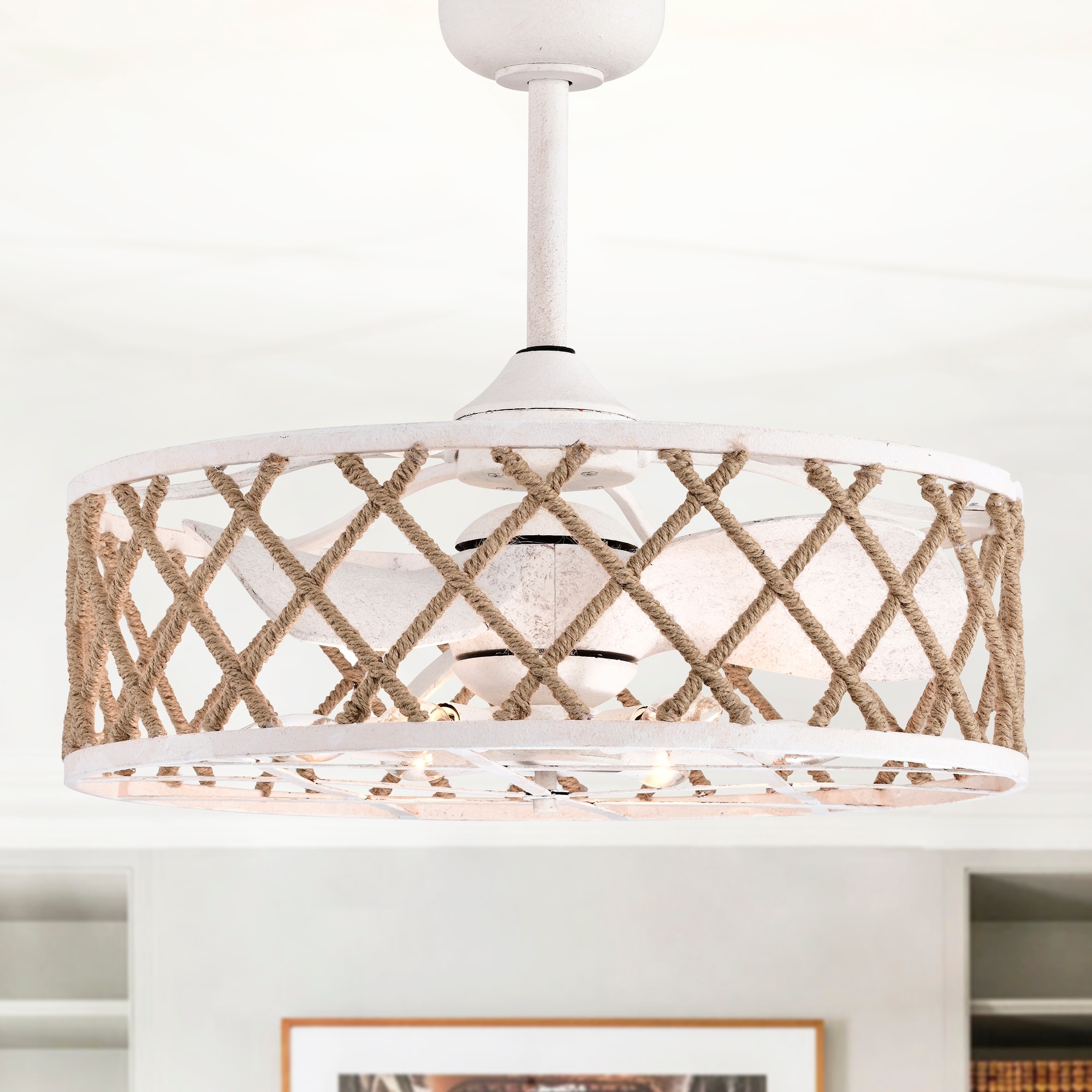 Warehouse of Tiffany Shaunda 25 Inch Scandinavian Rope Details Fandlier 6 Light with Remote