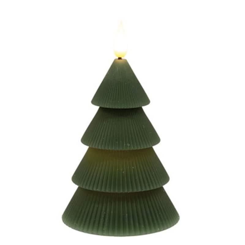Dark Green Wax Christmas Tree LED Timer Candle Holiday Decor - 6-Inch