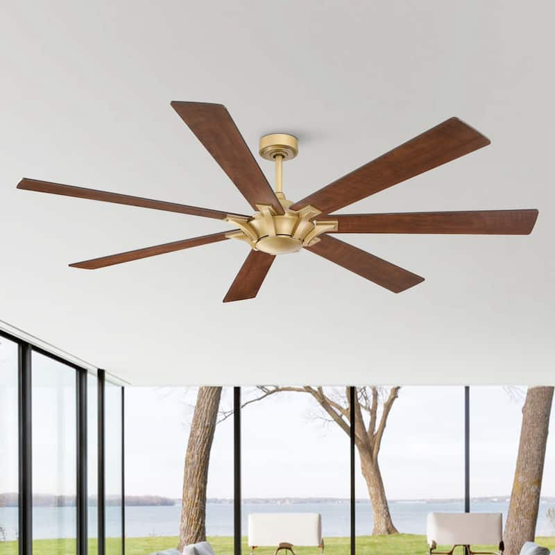 72" Wooden 7-Blade Large Outdoor Industrial DC Ceiling Fan with Remote - Gold with Mahogany/Oak Blades