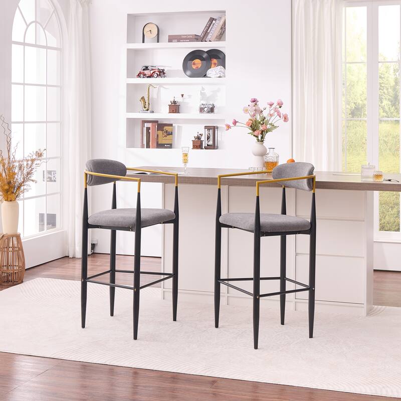Modern Upholstered Bar Stool with Gold-Accented Armrests - 23" Seat Height,Ergonomic Design for Kitchen Island,2PCS/CTN