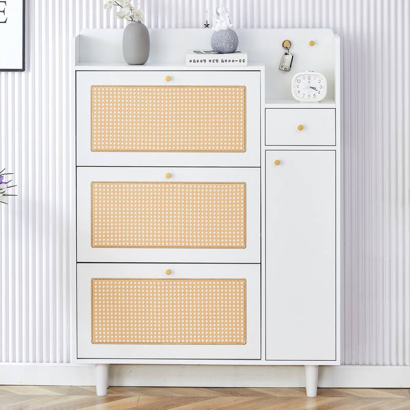 Rattan Shoe Storage Cabinet - White