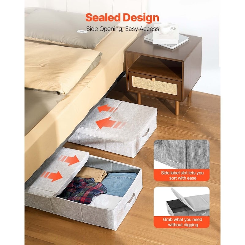 Set of 2 Grey Linen Under Bed Storage Bags Foldable Clothes Organizer with Reinforced Handles - 31.7 x 15.9 x 6.1 inch