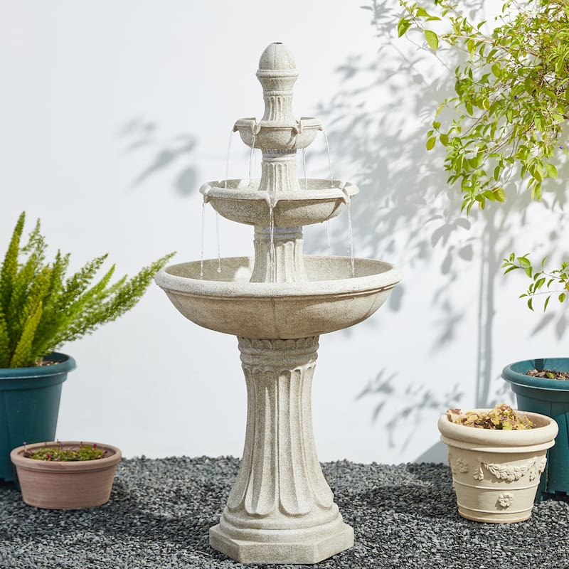 Glitzhome 45.25"H Oversized Sand Beige Terrazzo Resin 3-Tier Lighted Outdoor Fountain