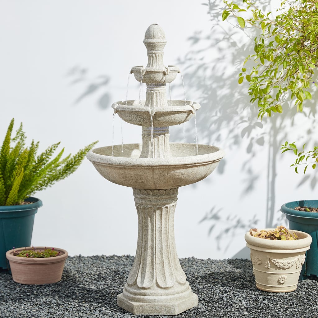Glitzhome 45.25"H Oversized Sand Beige Terrazzo Resin 3-Tier Lighted Outdoor Fountain