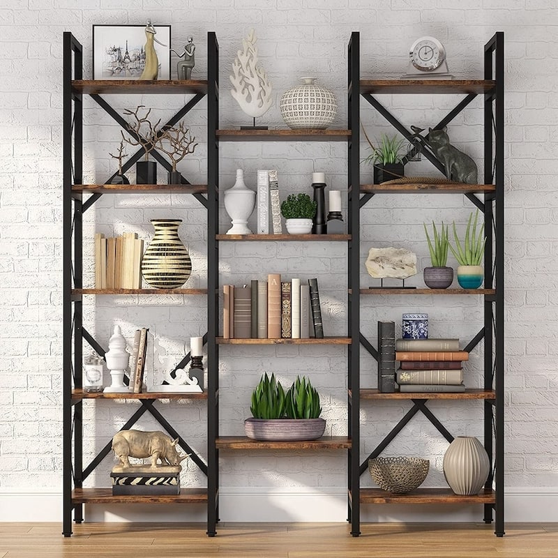 Open Triple Wide 5-Shelf Bookcase, Industrial Etagere Bookshelf for Home & Office