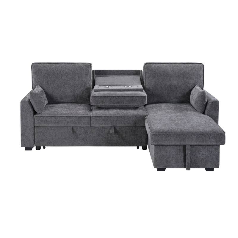 Emmy 89"W Dark Gray Fabric Sleeper Sectional Sofa with Reversible Storage Chaise, USB & USB-C Charging Ports, Cupholders