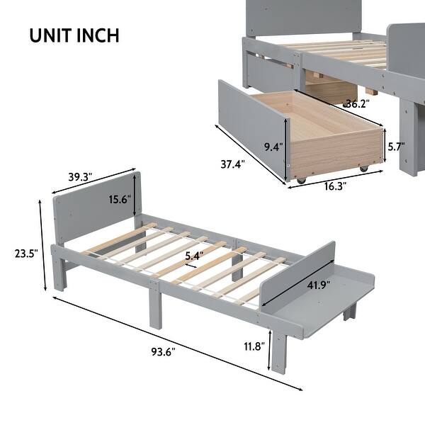 dimension image slide 1 of 4, Stylish Twin/ Full Size Platform Bed Frame with Footboard Bench and 2 Storage Drawers, Pine Wood Platform Bed Frame for Bedroom