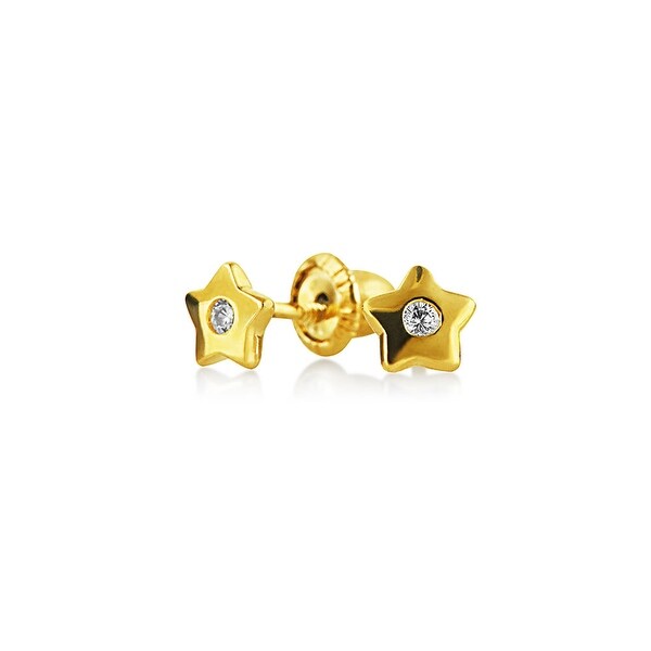 Tiny Minimalist Real 14K Gold Screwback Celestial USA American Patriotic Rock Star CZ Stud Earrings For Women For Teen