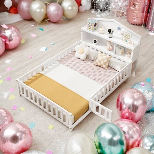 slide 2 of 10, Full Montessori Floor Bed with Bookcases & Blackboards for Kids and Teens, White