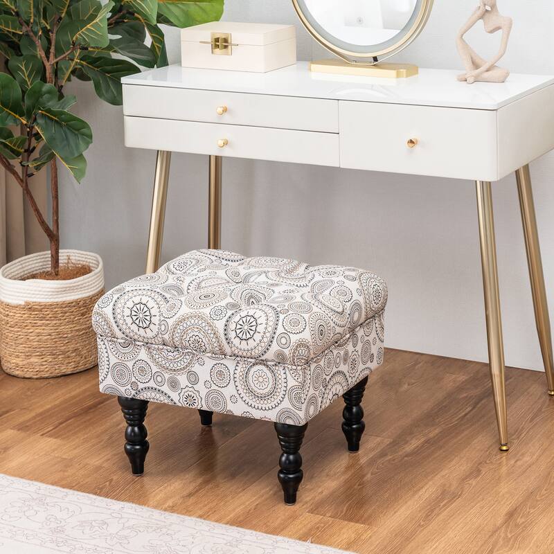 Adeco Ottoman Stool Tufted Foot Rest Fabric Floral Vanity Stool